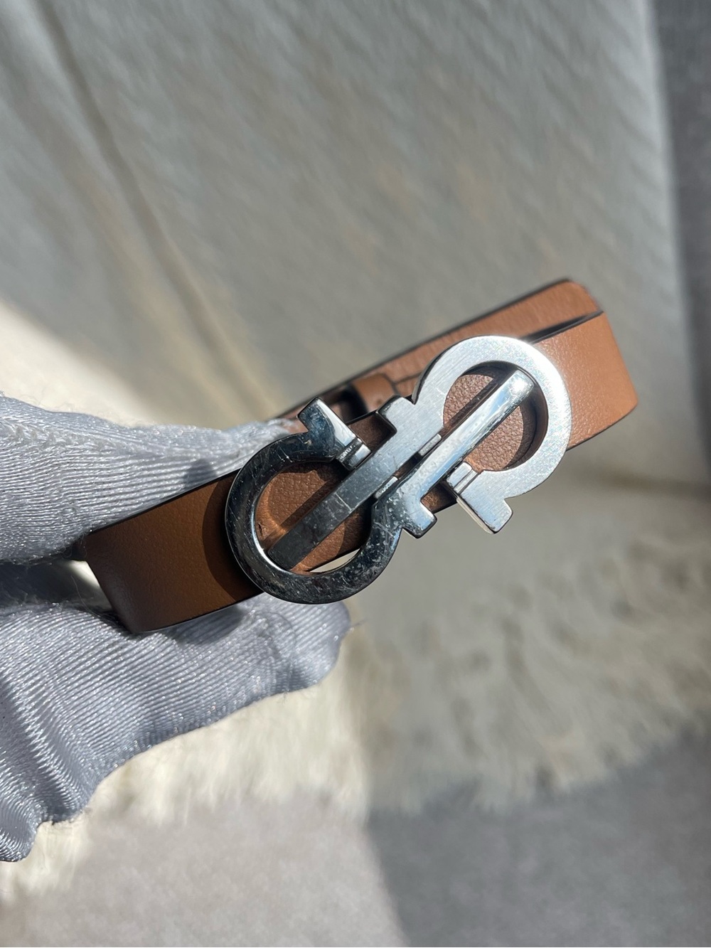 Salvatore Ferragamo Brown Leather Bracelet with Silver Gancini Buckle